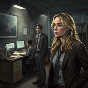 Noam Jenkins and Piper Perabo in a tense office scene from 'Covert Affairs'. Hill Harper sitting at desk, screens and office supplies in background. Dark, muted tones.
