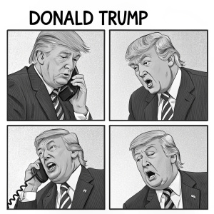A series of bold-lined, monochrome comic panels depicting Donald Trump with exaggerated expressions while on his phone, culminating in an apology message at the bottom.