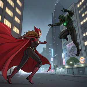 A female superhero in a flowing red cape and tight green bodysuit, mid-leap, in an urban cityscape. She has a fierce expression and is mid-fight against a dark villain.