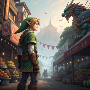 Link, the legendary hero, stands resolute in a bustling marketplace teeming with mythical creatures and exotic objects. The vibrant colors and contrasting tones of the scene create a dynamic backdrop.