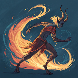 Digital illustration of an Ifrit character. Character has lean, elongated figure, with horns and fiery energy around. Dark blue background. Painterly style with blended colors and textures. Dynamic and dramatic feel.