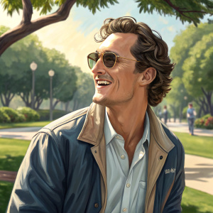 Matthew McConaughey in a candid moment. He is in a stylish casual outfit, outdoors. Bright sunny day, park setting