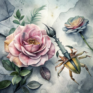 A collage-style illustration of a scorpion, a dagger, and a rose, with torn paper edges and splattered ink. Art style: Banksy, punk art, intricate details.