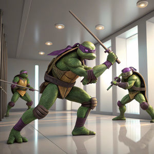 Donatello, the purple-banded Teenage Mutant Ninja Turtle, depicted in three dynamic poses. The setting is a sleek, modern studio with minimalist decor.