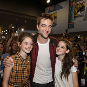 Robert Pattinson, Mackenzie Foy, and Kristen Stewart posing for fans at a packed Comic-Con panel.
