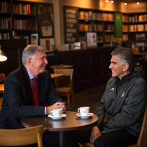 Sir Alex Ferguson and Carlos Queiroz in a casual meeting. Coffee shop ambiance with dim lighting