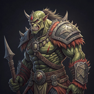 Illustration of an orc warrior, detailed anatomy, digital art. Solid black background