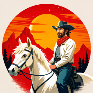 Sitting on a white Arabian horse is Arthur Morgan, slightly older with long hair and an RDR2 theme
