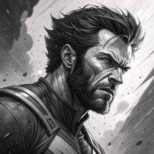 Black and white comic panel featuring Wolverine from X-Men. Intense, gritty facial expression with bold, detailed lines emphasizing his features. Abstract, blurred background.