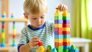 Close up of child hands playing with colorful building blocks. Preschool kid building tower with plastic blocks at home or kindergarten, daycare center or nursery