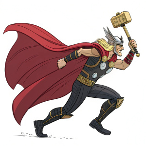 Digital illustration of Beta Ray Bill running forward with golden hammer. Broad, flowing red cape. Stylized heroic look. Comic book art style.