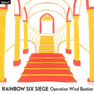 Concept art by Pascal Barriault for Rainbow Six Siege Operation Wind Bastion. Showing a detailed corridor with stairs and archways. Neutral colors, mostly gray and beige. Ubisoft and Rainbow Six Siege logos visible