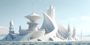 White illustration,  Wes Anderson style, 
 structural aesthetics, collage of many complex metal architectures, huge ocean and sky, white, gain paper