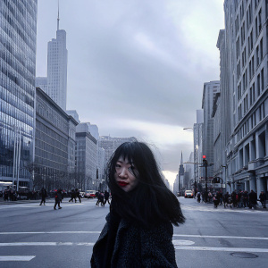 A young Asian woman, with dark, wavy hair and bangs, standing in a bustling city street.