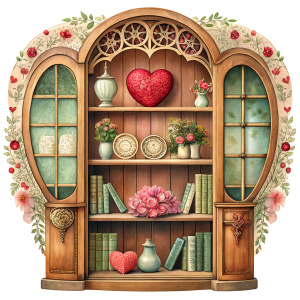 vintage bookcase clipart, vintage, White background, clear Borders