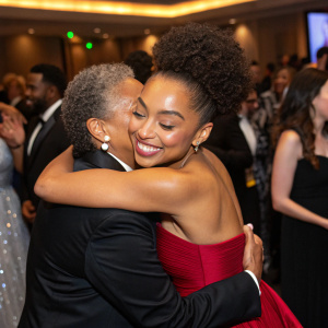 Logan Browning and Lynda Browning, sharing a heartfelt hug at a crowded charity gala.