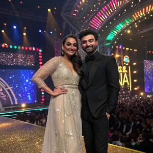 Sonakshi Sinha and Fawad Khan posing on stage at the IIFA Rocks awards. Glittering stage with vibrant lights and audience cheering