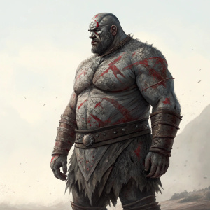 Digital art of a large muscular figure, resembling Sir Gregor Clegane from Game of Thrones. The character has rough, cracked skin with red stains, mainly gray with patches of red. Standing alone against a simple, light-colored backdrop.