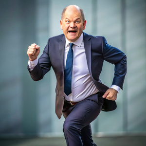 The German Chandellor Olaf Scholz is running with a scared face while he is losing his trousers. Extremely scared face.Scared.
