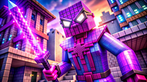 Spider-Man in purple armor in Minecraft style, with a magic katana in his hands