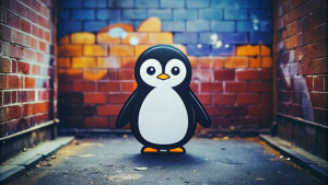 Wallpaper minimal "LINUX" Logo, in the style of street art aesthetic, cute cartoonish designs, photo-realistic techniques, dark red, Childhood and Arcadia, anime aesthetic, cartoon-like