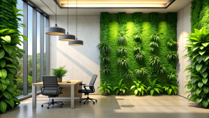 Green living wall with perennial plants in modern office. Urban gardening landscaping interior design. Fresh green vertical plant wall inside office