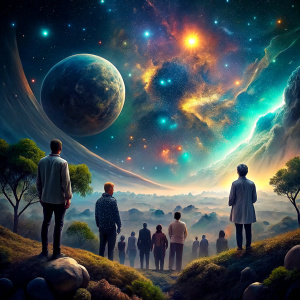 a group of people staring far into the universe. the sky is full of planets, and where the people are standing is full of very green grass, trees and vegetation. You can see sparking stars from far away and the people give a feeling of community and unity in this new era.