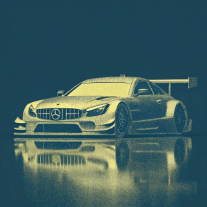 Digital 3D model of a sleek, high-performance Mercedes AMG C63 DTM Race car. The car is predominantly white with prominent aerodynamic features and a large front grille. The background is a sleek, polished gray.