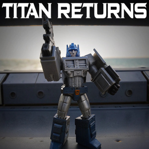 Emissary, a Transformers Titan Returns character, standing in an action-packed pose. Robust, futuristic design blending metallic and mechanical parts. Shades of gray, blue, and metallic finishes. 'Titan Returns' text at top.