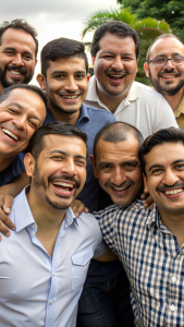 Imagen de un grupo de hombres colombianos sonriendo y compartiendo momentos juntos.
