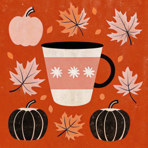 come up with and draw a print for coffee cups on an autumn theme