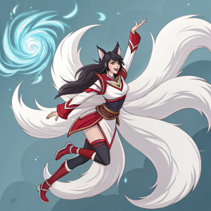 Digital artwork featuring Ahri, the popular League of Legends character. Vibrant colors of black, white, and red. Dynamic, action-packed pose