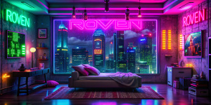 a bedroom, Lettering (Roven), neon lights, dim light, futuristic, detail, windows with skyscrapers, science fiction, blue purple neon, <lora:ARWCyberpunkInterior:1>, dusty,oil painting 8K, oil painting 8K, extremely detailed oil image