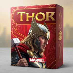 Thor action figure box. Vibrant, bold graphic design. Red and gold colors dominate. Marvel logo and Thor's face prominently featured. Eye-catching, detailed, and exciting packaging.