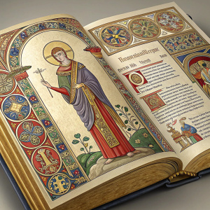 The illuminated page of the Sacramentary of Drogo, showcasing exquisite Carolingian Revival artwork.