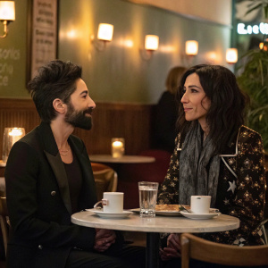 Candid snapshot of Dunja Hayali and Conchita Wurst at a cozy café. Warm, intimate setting with soft lighting