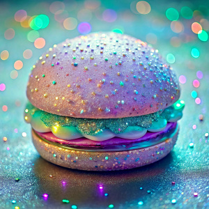 

close world of imagination light  pastel iridescence shimmer glitter glam sparkling glittering sparkly hamburger made of  glitter
on the table
