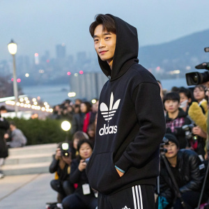 Minho, South Korean male, wearing a black hoodie with Adidas logo. Poses outdoors at an Adidas event in Seoul, surrounded by fans and cameras.