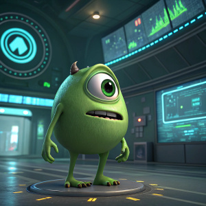 Mike Wazowski, the iconic green-eyed monster from Monsters, Inc., standing in a digital realm. His body is round and plump with a unique texture. Wide-open mouth and large, expressive eye.
