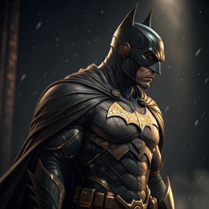 Digital illustration of Batman from Arkham Knight game. Dark background. Muscular physique, detailed textures, cape, bat-symbol, gold accents.