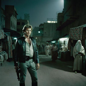 Han Solo, with a smirk and casual pose, in the bustling marketplace of a distant planet. Backdrop is a vibrant alien cityscape.