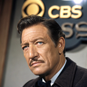 Richard Boone, starring as Paladin, in a dramatic pose for 'Have Gun - Will Travel'. Serious expression, close-up on face with mustache. CBS logo prominent.