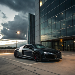 A high-performance Audi R8 in sleek matte black parked outside a modern skyscraper.