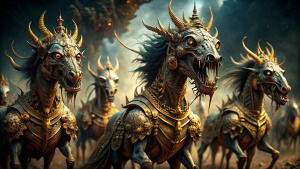 "Surreal demonic locusts on Earth, resembling armored horses with golden crowns and human faces, women's hair, and lion's teeth. The roar of their wings echoes like an army marching, their tails are like scorpions with painful stingers -- terrifying, vivid, detailed, ultra-realistic, dark atmosphere, cinematic lighting, highly detailed, hyper-realistic."