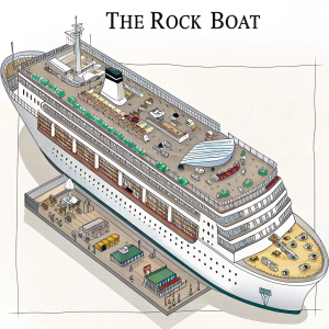 Detailed diagram of a cruise ship named 'The Rock Boat', labeled in Spanish, showcasing its structural and functional components.