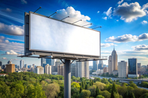 Outdoor billboard on blue sky City view background with white background mock up. clipping path