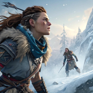 Concept art for Horizon Zero Dawn: The Frozen Wilds. Depicting key characters in dynamic poses and actions. Scenes filled with emotion and movement.