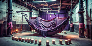 sotano industrial abandonado con una cama en el centro con sabanas vinotinto rodeada de cortinas y velos negros y velas, cuerdas y bamboo colgando con cuerdas y una mujer amarrada, sadomasoquismo