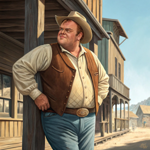 Dan Blocker, the actor who played Hoss Cartwright in Bonanza, posing confidently outside a saloon. He's dressed in a vintage western outfit including a brown vest, light beige shirt, and blue jeans. Clear sky and wooden structures in the background.