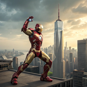 Tony Stark, aka Iron Man, in action pose. Standing in front of Stark Tower. Cityscape in background.